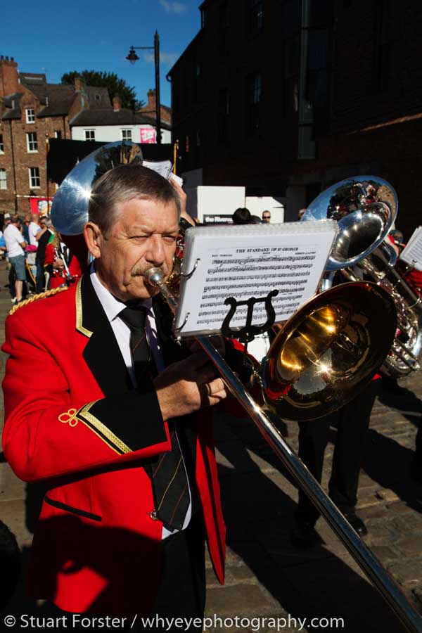 A trombonist from a Yorkshire-based performs at the 2017 Durham Miners' Gala.