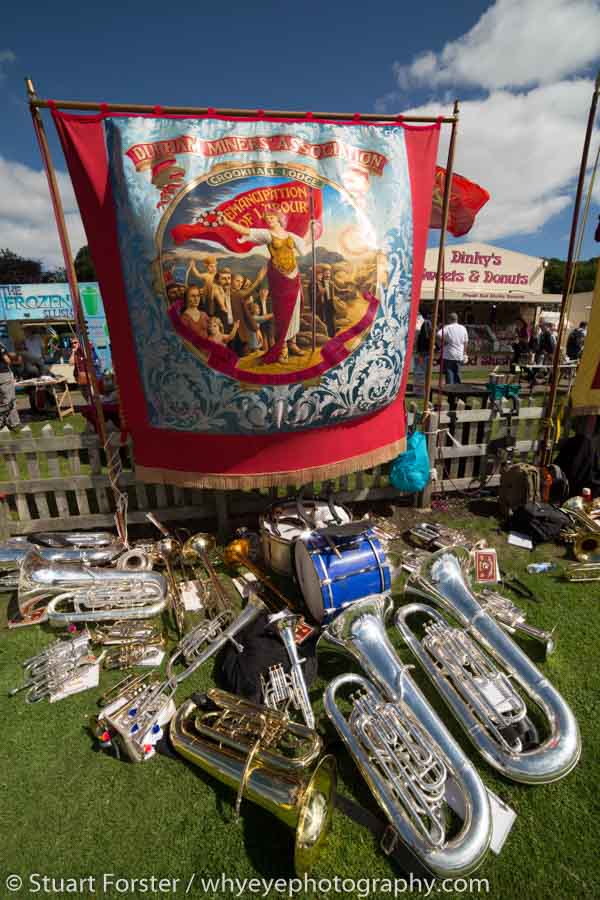 Musical instruments by banners at Durham's Racecourse.