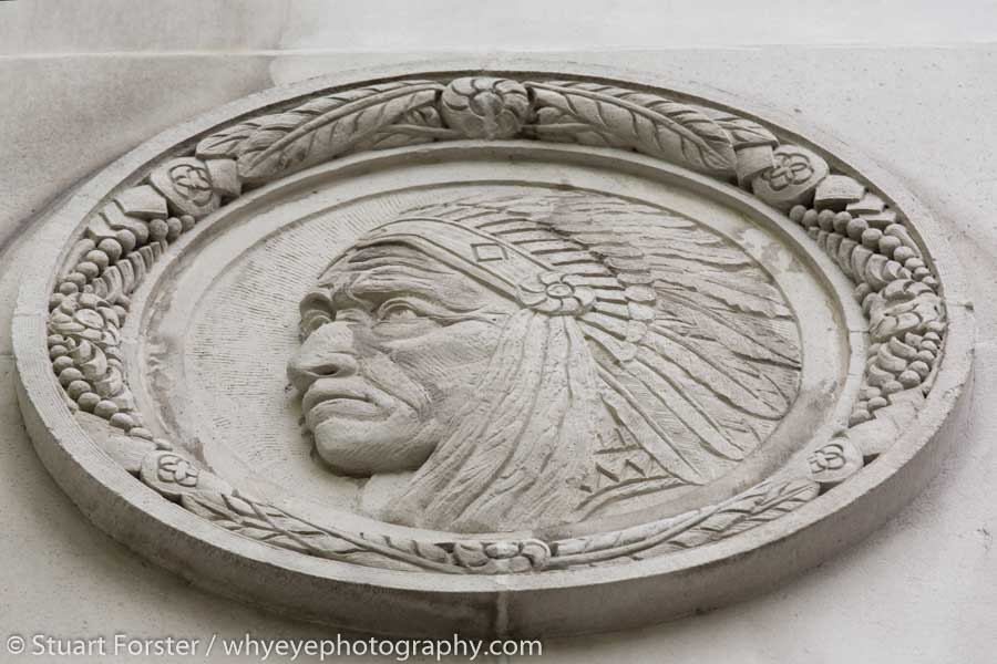 Depiction of a First Nations' chief on the facade of the Fairmont Vancouver Hotel, which was opened in 1939 by King George VI and Queen Elizabeth (the Queen Mother).