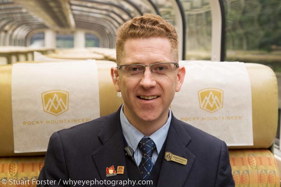 Zebulon Fastabend, the train manager, aboard the Rocky Mountaineer.