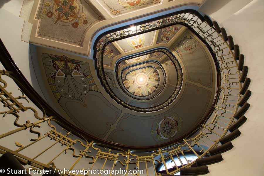 Looking up at an Art Nouveau staircase in Riga, one of several examples of Art Noveau architecture from the early 20th century in Riga, Latvia.