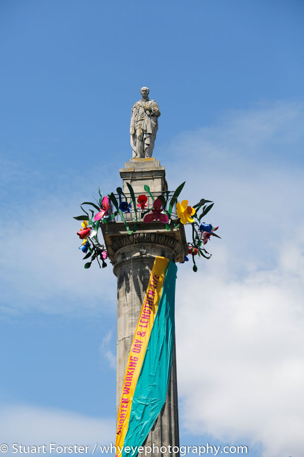 Grey's Monument, in central Newcastle, adorned with ribbons ahead of the opening ceremony of the Great Exhibition of the North.