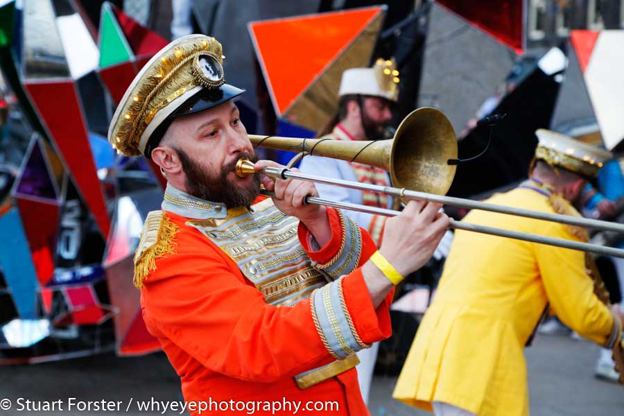 Colourful musical entertainment on the Quayside as crowds gather for the opening ceremony of the Great Exhibition of the North in Newcastle.