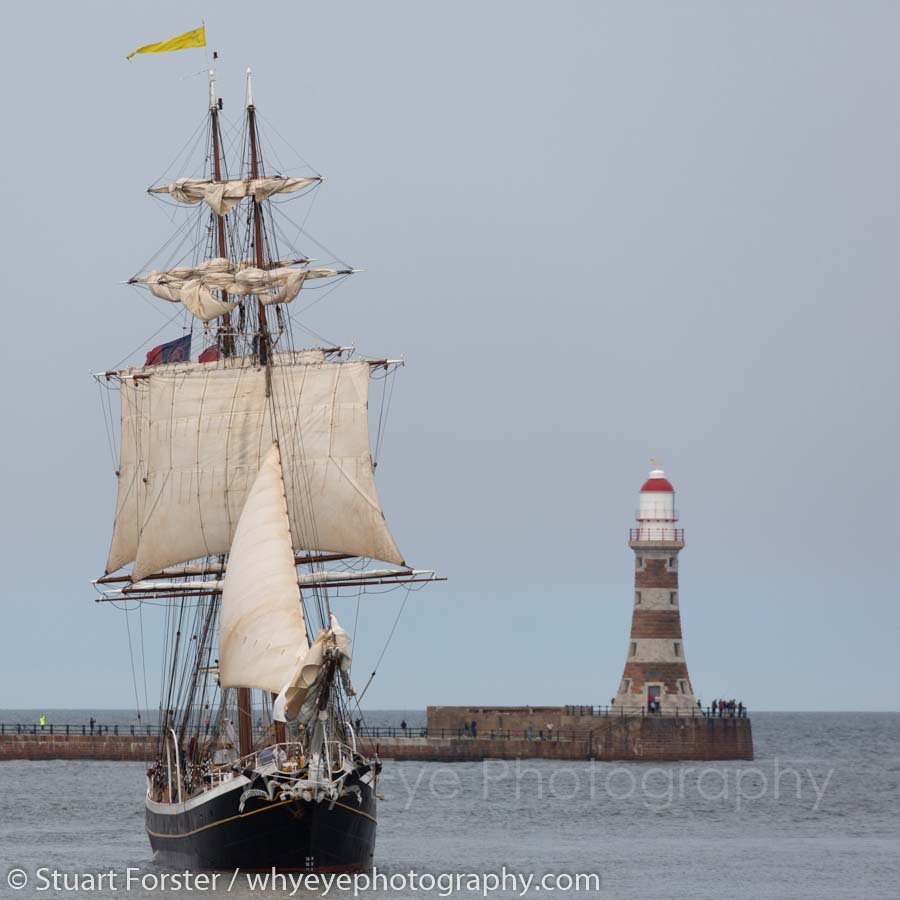 Morgenster rigged sailing ship sails past Roker Pier in Sunderland during the 2018 Tall Ships Race