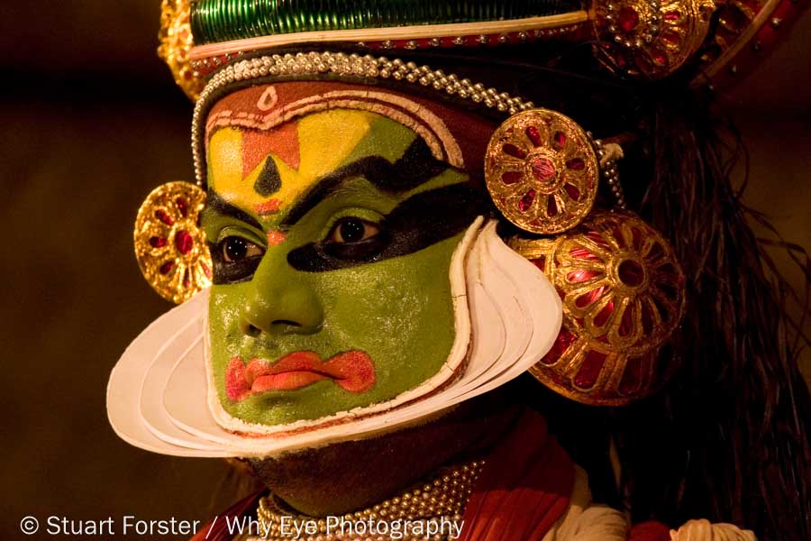 Face a kathakali performer playing the role of a hero in Kerala, India.