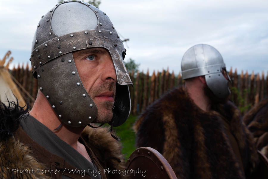 Men playing the role of Vikings in the Viking Village at Kyrnen in County Durham, England