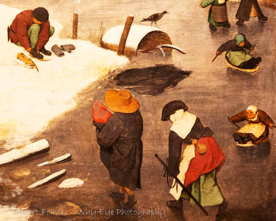 Peasants walking on ice, a detail from the painting 'The Census at Bethlehem' by Pieter Bruegel the Elder