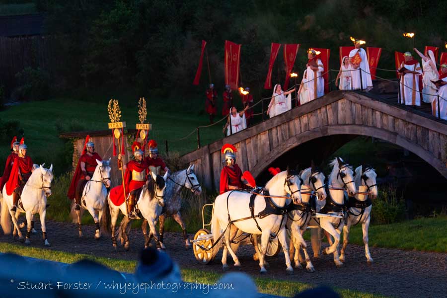 White horses participate in the parade of Romans entering Britannia during a performance of Kynren, the show telling a version of England's history.