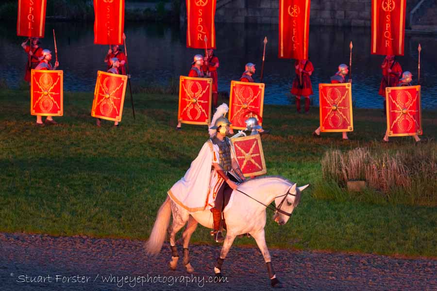 A white horse in a scene depicting the Roman Invasion of Britain during Kynren in County Durham