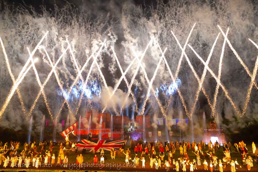 The cast parades a union jack beneath fireworks and a light show during the finale of Kynren at Bishop Auckland.