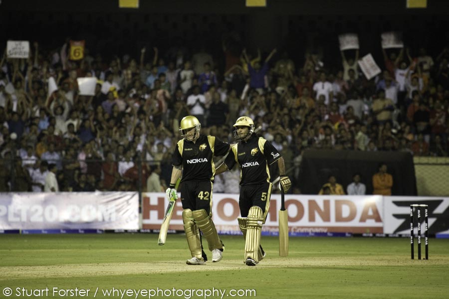 Brendan McCullum of the Kolkata Knight Riders receives congratulations after scoring a boundary while establishing a record individual score in Twenty20 cricket. 