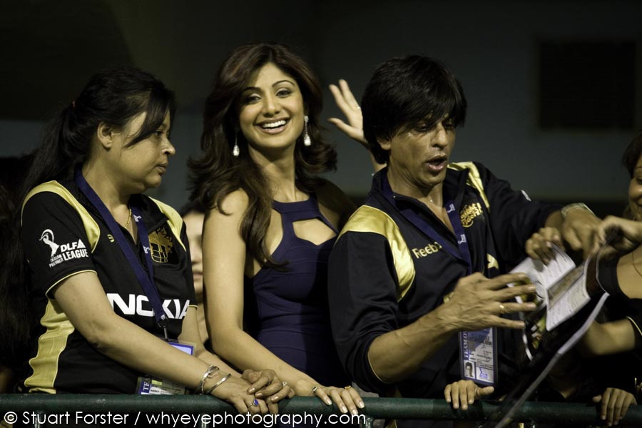 Movie Stars Shilpa Shetty (left) and Shah Ruhk Khan (right) at the opening Indian Premier League (IPL) cricket match. 