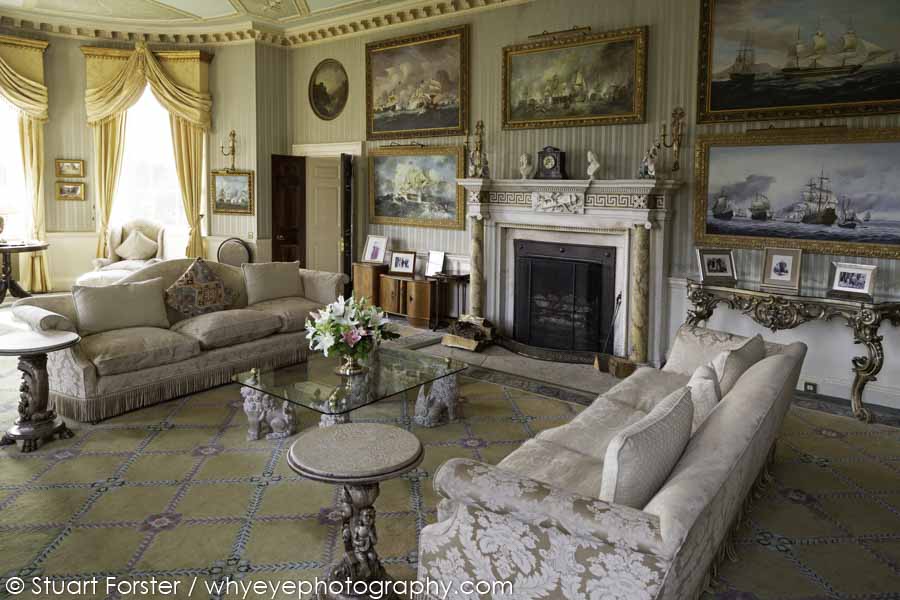 Seascapes painted by Dutch and British artists hang in the Morning Room at Brocket Hall