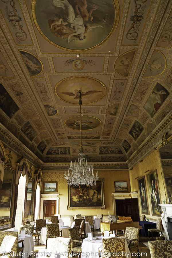 Paintings decorate the ceiling of Brocket Hall's Ballroom, where afternoon teas are served