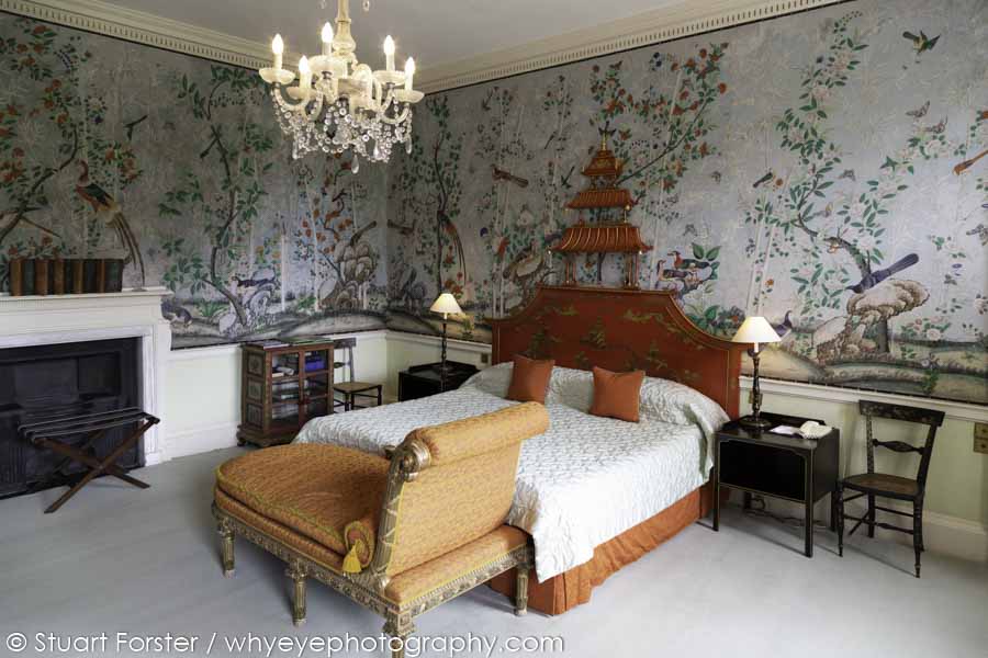 The Prince Regent suite at Brocket Hall features hand-painted Chinese-style wallpaper and was slept in by Prince George, who became King George IV