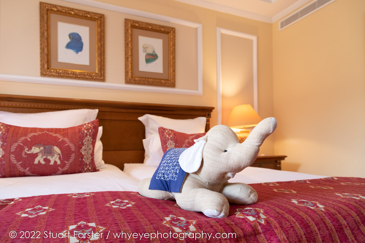 Elephant cuddly toy on a bed in the Hotel Botanico, the five-star hotel in Puerto de la Cruz, Tenerife.