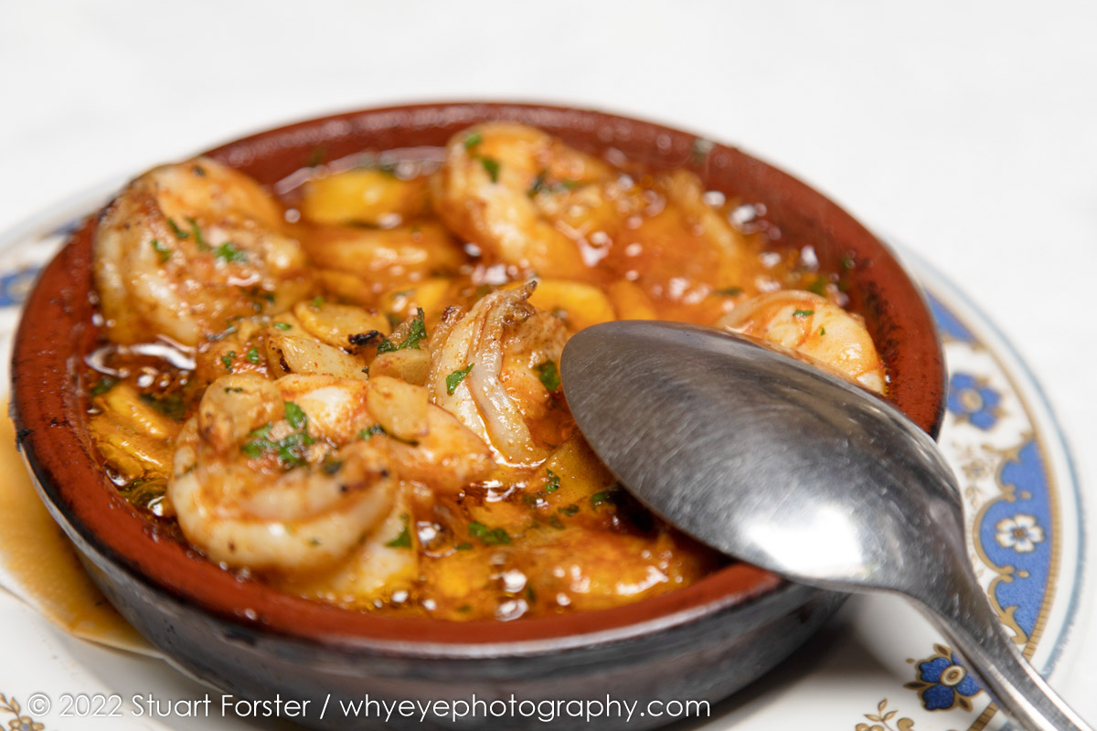 Spanish garlic prawns, a dish known as Gambas al Ajillo served during a meal in Tenerife. that was a dream for foodies and food photography.