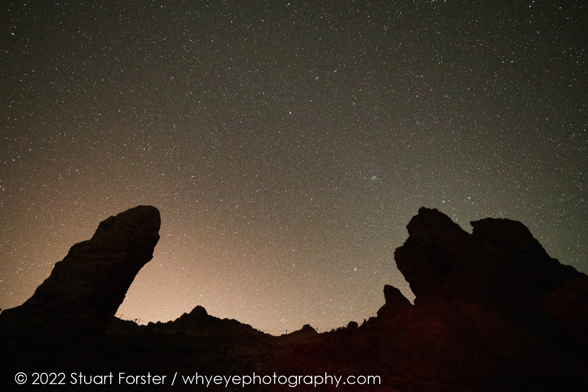 Stars in the night sky above Las Rochas in Teide National Park on Tenerife.