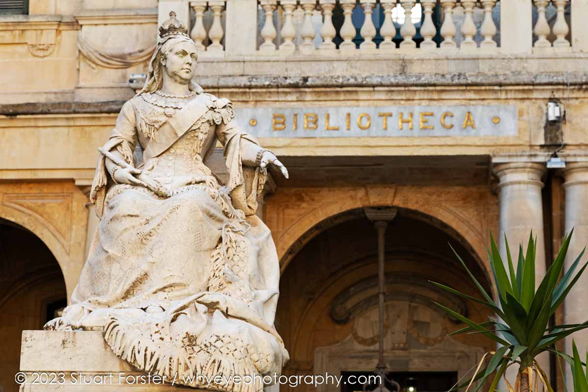 A legacy of the days of British rule in Malta, the statue of Queen Victoria outside of the National Library of Malta in Valletta.