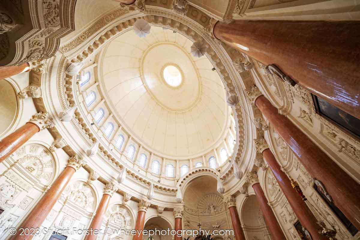 Often depicted in travel photography of Malta from the outside, this is the interior of the famous dome of the Basilica of Our Lady of Mount Carmel in Valletta.