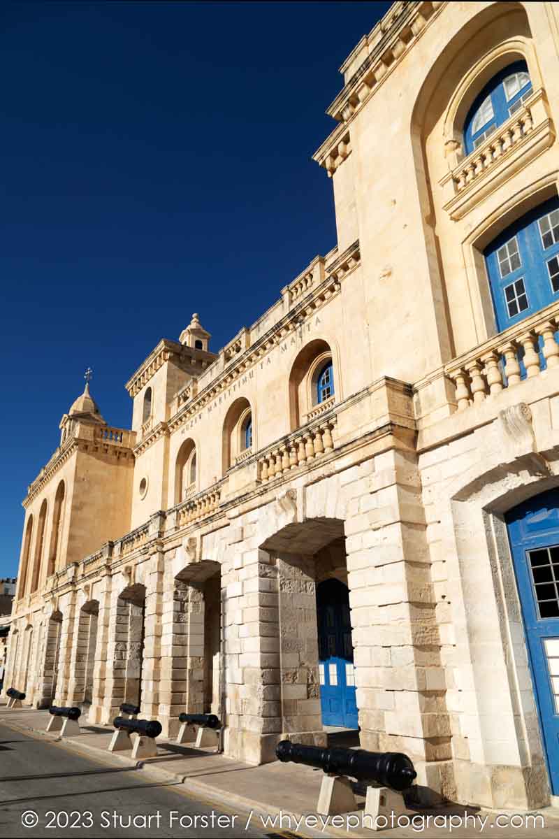 A clear blue sky above the Maritime Museum Malta in Birgu.