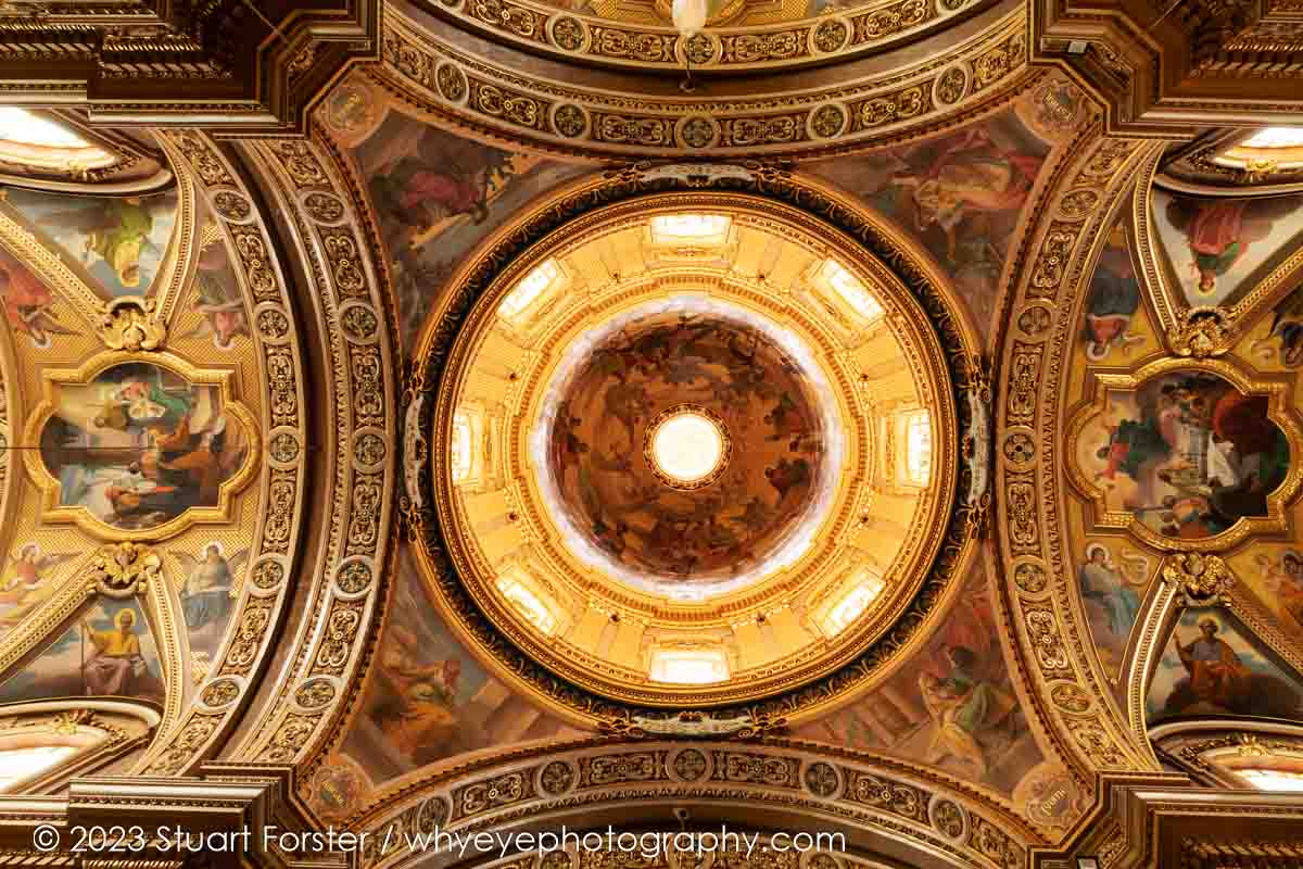The ornate ceiling of the Basilica of the Nativity of Our Lady in Xagħra on the island of Gozo, the island that must be visited to get a truly representative sense of travel photography in Malta.