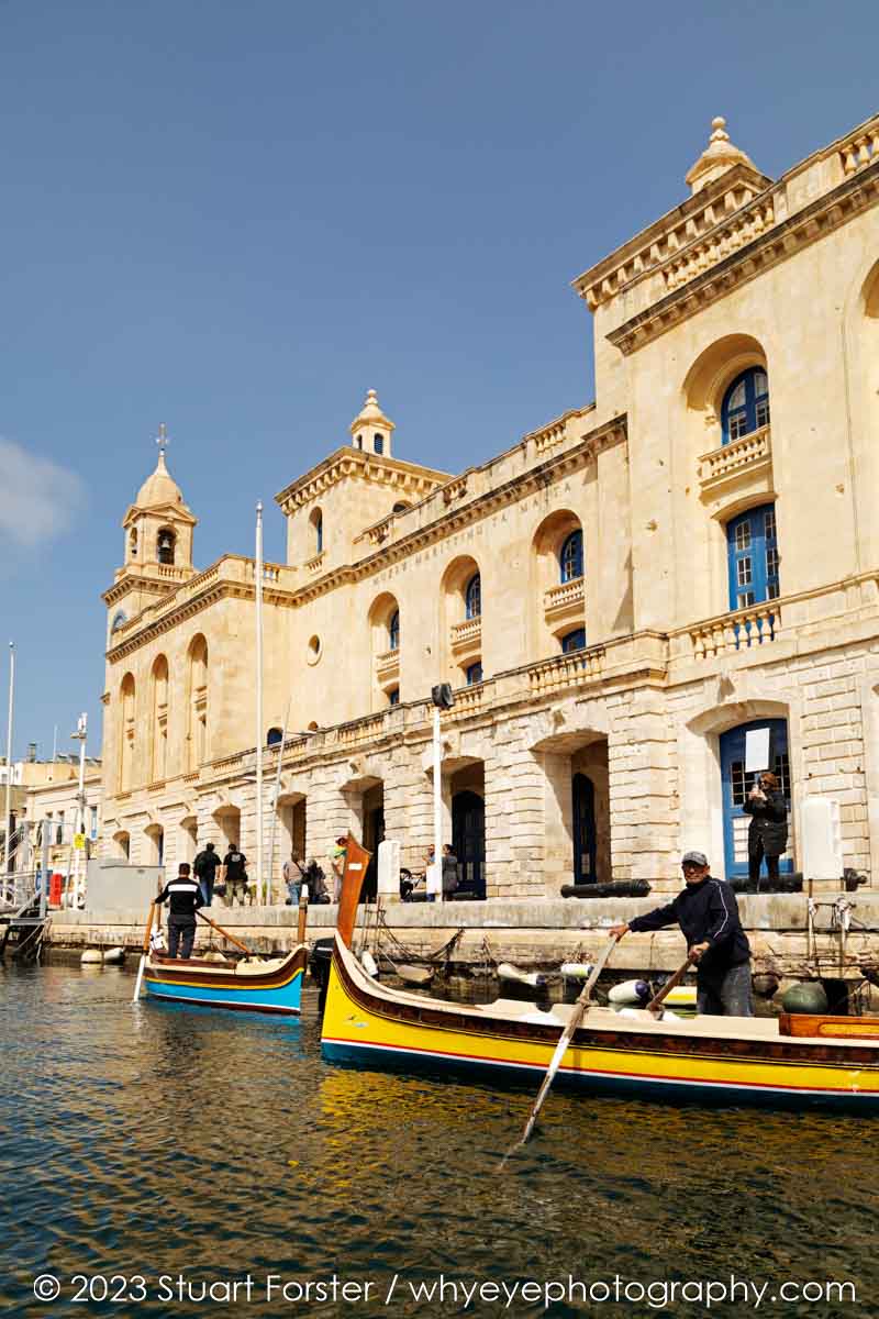 Colourful boats outside of Malta Maritime Museum in Birgu, the Maltese city also known as Vittoriosa.