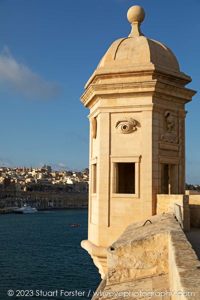 Ornate lookout tower at Gardjola Garden in Senglea overlooking the Grand Harbour and Valletta.
